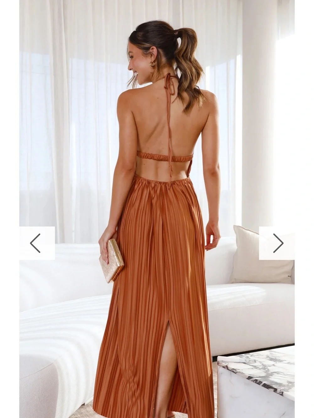 BillyJ Halter-Neck Pleated Maxi Dress in Rusty Orange - Picture 2 of 2